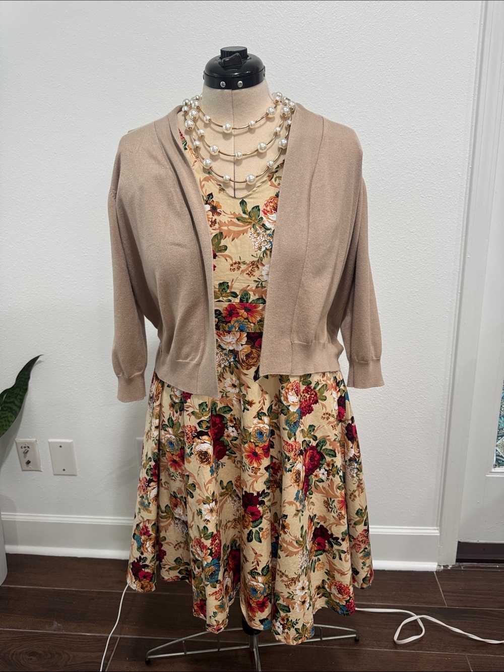 Grace Karin Beige Floral Fit-and-Flare Dress with Taupe Cardigan